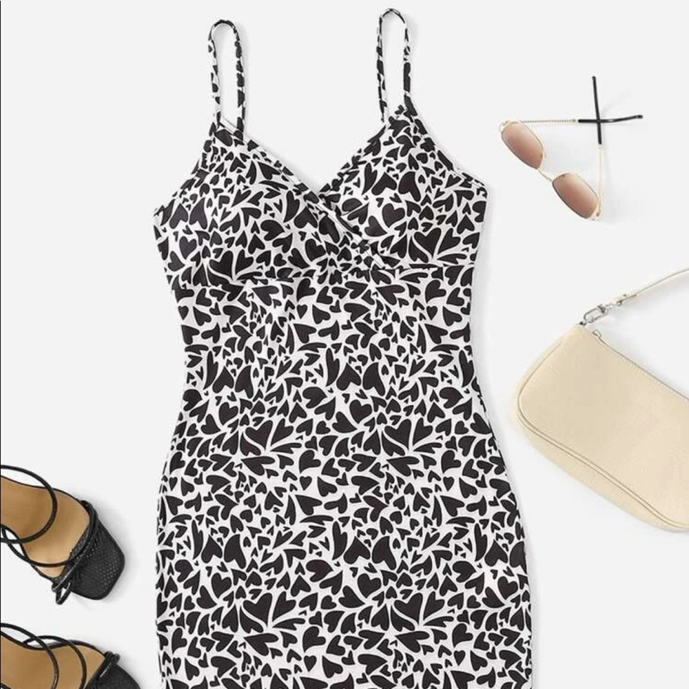 Surplice Front Allover Heart Print Dress